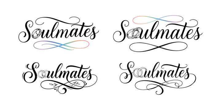 Soulmates Hand Lettering Quote And Wedding Rings Vector Set Perfect for wedding invitations, anniversary cards, and romantic apparel.