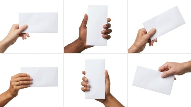 Set of diverse human hands holding blank white envelopes and DL paper cards from various angles on a clean white background for postal letter and mail mockup templates