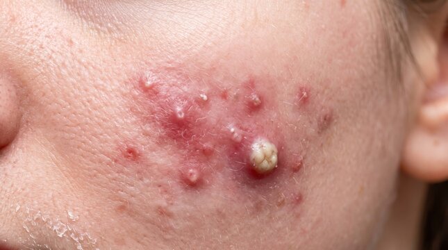 Problematic skin condition showing acne vulgaris pimples and inflammation on woman face cheek.