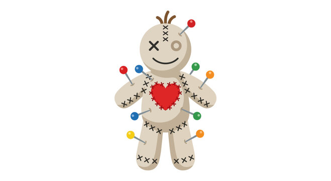 Handmade stuffed voodoo doll with red heart and colorful pins isolated on white flat vector element.