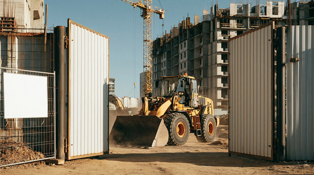 Construction Site Progress: A yellow front loader operates on a dusty construction site, with unfinished buildings and a crane in the background under a clear blue sky.