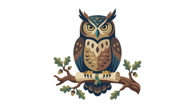 Wise Great Horned Owl clutching an ancient diploma scroll perched on an oak tree branch flat vector element