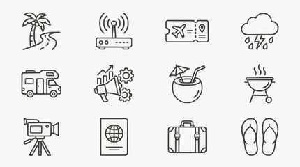 Fototapeta premium Dynamic Black and White Line Icons Set Featuring Travel Technology and Lifestyle Concepts with high quality professional line art symbols for modern creative design and digital branding projects