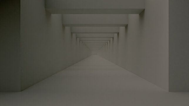 Grey corridor minimalist tunnel geometric hallway perspective line empty passage architectural interior soft light symmetrical scene clean space long corridor