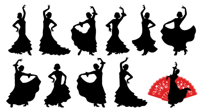 Flamenco dancers silhouettes collection showing elegant women performing traditional Spanish dance moves in various graceful poses