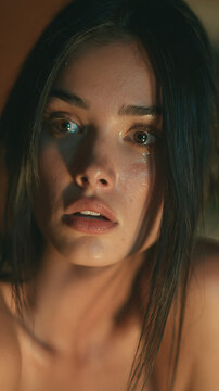 Tearful Gaze: A young woman's face, etched with sorrow, her eyes glistening with unshed tears, conveying profound sadness and vulnerability.