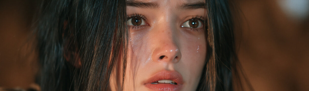 A Woman in Distress: Close-up on a young woman's face, her eyes glistening with tears, conveying a profound sense of sadness and emotional pain.