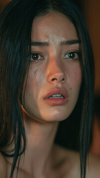 Face of Despair: A close-up portrait captures the raw emotion of a young woman in tears, her face etched with sorrow and anguish, conveying deep sadness and vulnerability.