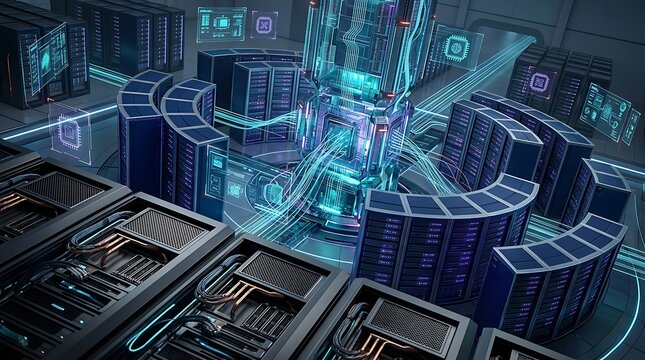 Futuristic server room with glowing blue data lines and digital circuit boards in a high tech information center