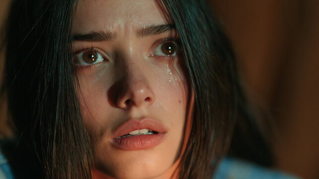 A Young Woman's Tearful Anguish: Close-up portrait of a young woman with dark hair, her eyes wide with distress and tears streaming down her face.