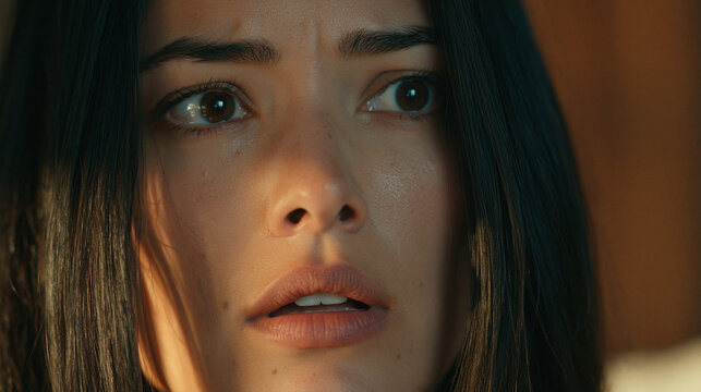 Intense Fear: A close-up shot captures a young woman's face, her eyes wide with shock and apprehension, conveying a sense of deep unease and fear.