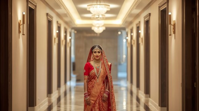 Portrait of a Beautiful Indian Bride in Traditional Red Bridal Saree Standing in Luxury Hotel Hallway