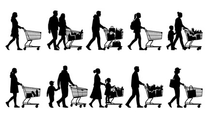 Shopping people silhouettes set featuring diverse families and individuals pushing grocery carts for retail store concept