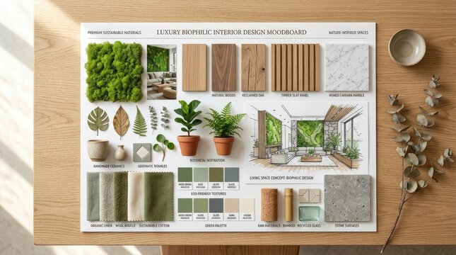 A mood board showcases a luxurious biophilic interior design concept. It features a selection of natural materials and elements, including wood, stone, moss, plants, and textiles. 
