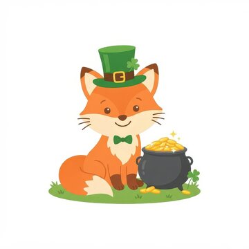Cute fox with leprechaun hat and pot of gold