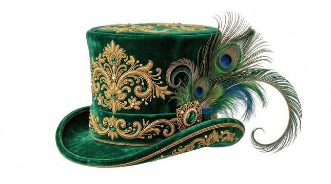 A luxurious, emerald green top hat is adorned with intricate gold embroidery and a cluster of vibrant peacock feathers. The hat features a decorative brooch with a green gemstone. 