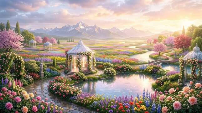 A breathtaking panoramic view showcases a serene, idyllic garden landscape bathed in the warm glow of a sunrise. A charming gazebo, adorned with climbing roses and vibrant 