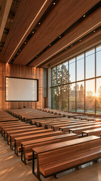 Modern Auditorium at Sunset: An empty lecture hall featuring rows of wooden benches facing a large screen, with expansive windows offering a view of trees and a sunset.