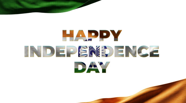 Happy independence day text with indian flag texture isolated on transparent background