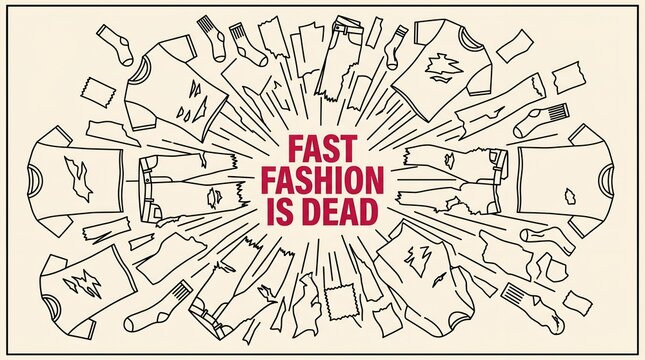 Fast fashion is dead conceptual illustration with torn clothing garments