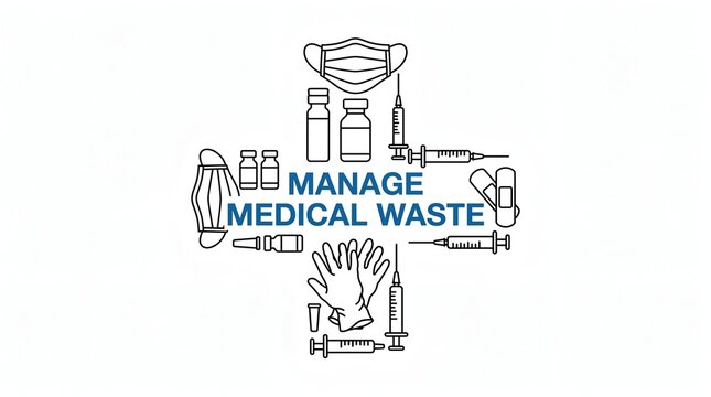 Medical Waste Management vector illustration with outlined healthcare items for safe disposal