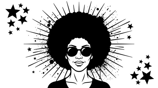 Stylish woman with afro hairstyle and sunglasses vector illustration featuring radiating sunburst lines and stars design