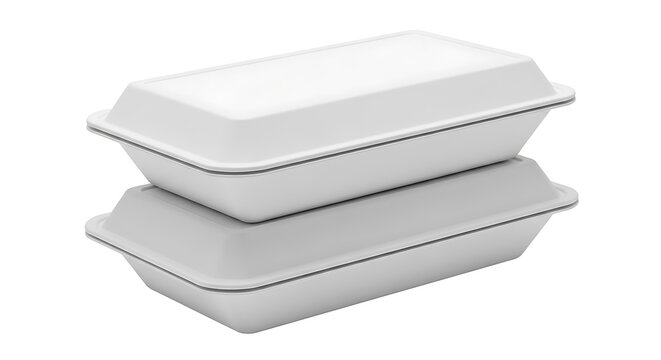 Two rectangular white styrofoam food containers with lids stacked on of each other, isolated against a plain white studio background