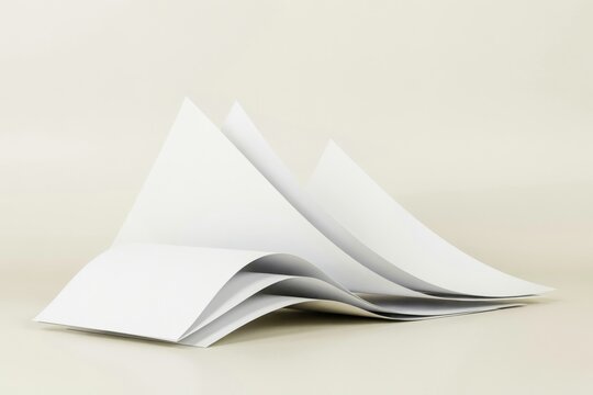 Stack of white paper sheets with curved edges creating abstract shapes on a light beige background, for minimalist office, stationery concepts