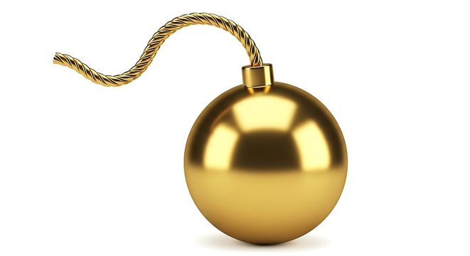 A classic spherical gold bomb with a metallic fuse and a long golden string isolated on a white background, for danger or, surprise concepts