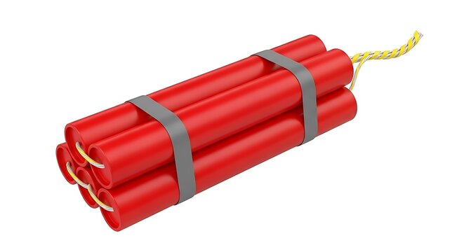 A bundle of five red dynamite sticks tied together with grey tape and a yellow fuse isolated on a white background, for hazard concepts