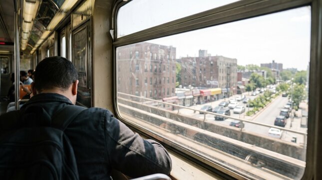 Passenger looking out window of moving elevated subway train in city