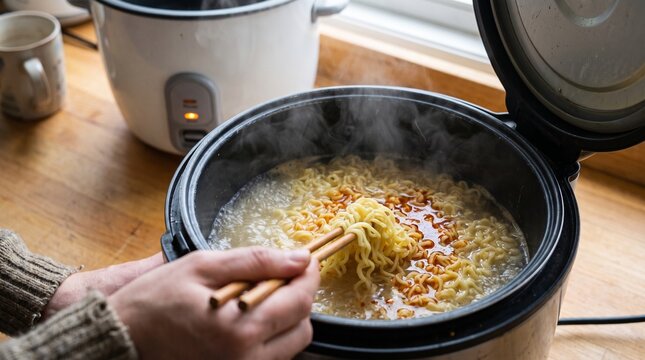 Cooking instant ramen noodles using a rice cooker pot at home