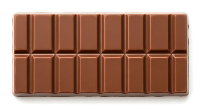 A rectangular bar of milk chocolate with twelve individual square segments arranged in a grid pattern isolated on a plain white background