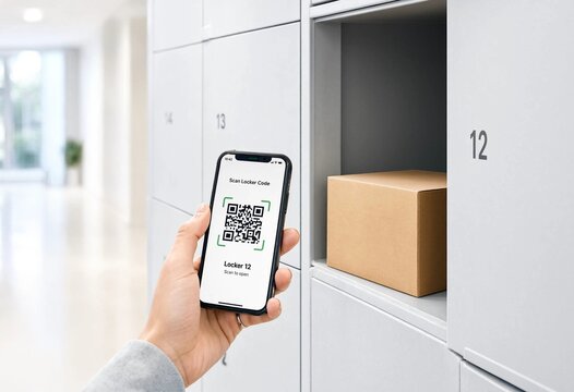 Woman uses smartphone to open smart parcel locker for contactless delivery and click and collect pickup, representing convenient automated urban ecommerce logistics services and technology.
