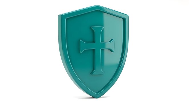 A teal colored shield with a raised cross symbol in the center isolated on a white background, for security and, protection concepts