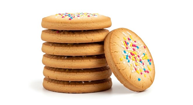 A stack of six round butter cookies topped with colorful sugar sprinkles, with one cookie leaning against the pile, isolated on white