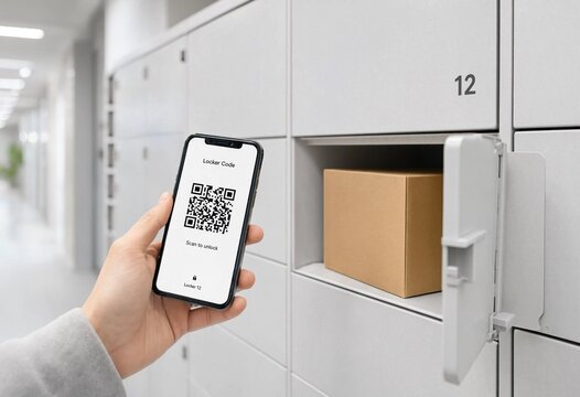 Woman uses smartphone to open smart parcel locker for contactless delivery and click and collect pickup, representing convenient automated urban ecommerce logistics services and technology.