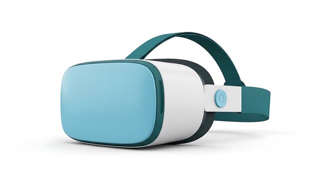 A virtual reality headset with a white front panel, teal blue accents, and a matching teal head strap, isolated on a white background