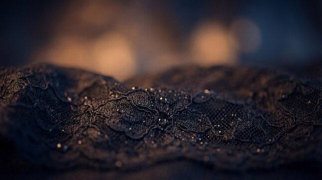 Black lace fabric closeup with subtle moisture droplets under warm low light presenting intimate textile texture luxury fashion detail sensual elegance delicate material dramatic mood