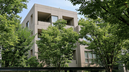 Fototapeta premium Modern Apartment Building Surrounded by Lush Green Trees: A contemporary apartment complex with clean lines and large windows is nestled amidst vibrant, leafy trees.