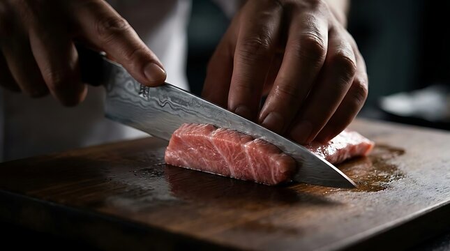 Skilled chef carefully slices a premium marbled wagyu beef steak using a sharp damascus steel knife on a dark rustic wooden cutting board under dramatic moody professional kitchen lighting conditions.