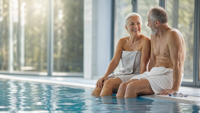 Senior couple resting beside indoor swimming pool wearing towels sharing warm smile after wellness swim active aging healthy lifestyle retirement leisure connection spa relaxation together