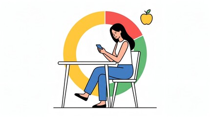 Fototapeta premium Woman using smartphone at table with healthy nutrition pie chart icon