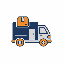 Naklejka premium Delivery truck icon with an orange cardboard box on its roof represents shipping and logistics services.