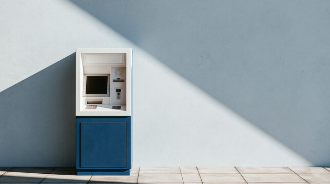 An ATM Machine on a Textured Wall: A freestanding Automated Teller Machine, featuring a blue lower compartment and a white upper display area, stands against a lightly textured, pale blue wall.