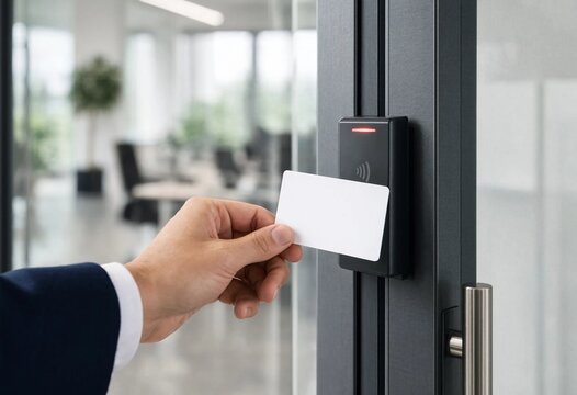 Person scanning a white key card at a modern office entrance, representing secure access control, identity verification, authentication, privacy, workplace safety, and technology.