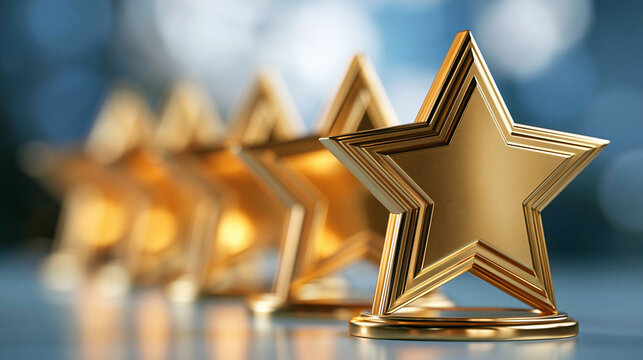 Golden Stars of Excellence: A line of gleaming golden stars, symbolizing achievement and quality, stand proudly in a row, with the closest star in sharp focus.