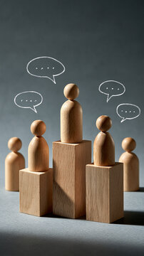 Dialogue of Wooden Figures: A conceptual representation of communication and discussion, featuring small wooden figures arranged on platforms, each with a speech bubble indicating dialogue.