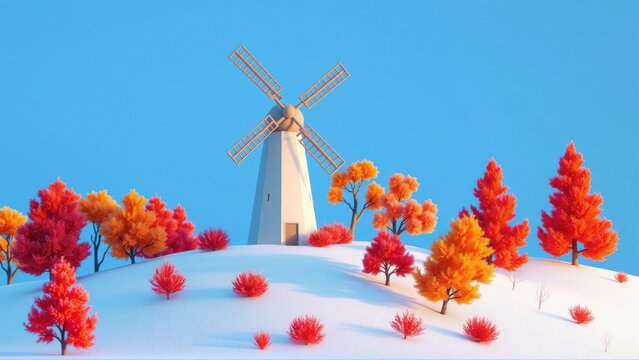 Stylized winter landscape features windmill atop snowy hill. Colorful trees surround structure, bright blue sky backdrop.