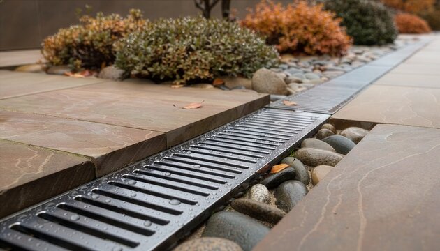 Close-up of a wet metal drainage grate beside stone paving, smooth river rocks, and autumn shrubs in warm earthy tones, creating a clean contemporary landscape scene.